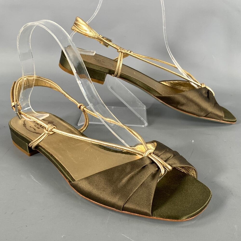 PRADA Size 9 Olive Gold Silk Metallic Leather Trim Strappy Sandals